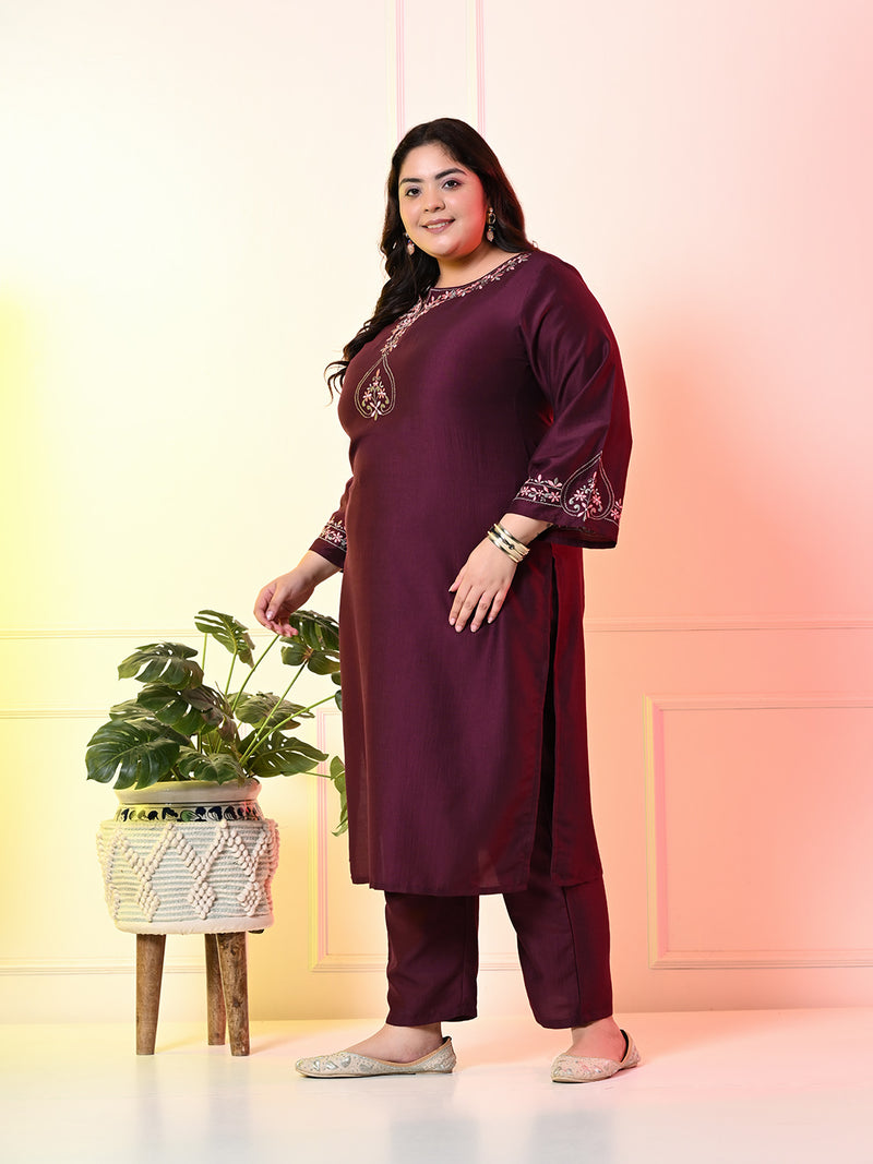 Plus Size Wine Embroidered Kurta Set with Double Dyed Dupatta