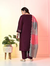 Plus Size Wine Embroidered Kurta Set with Double Dyed Dupatta