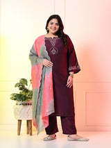 Plus Size Wine Embroidered Kurta Set with Double Dyed Dupatta