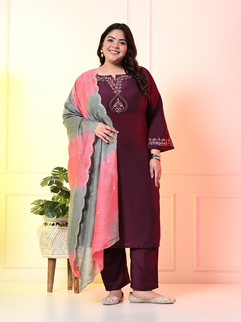 Plus Size Wine Embroidered Kurta Set with Double Dyed Dupatta