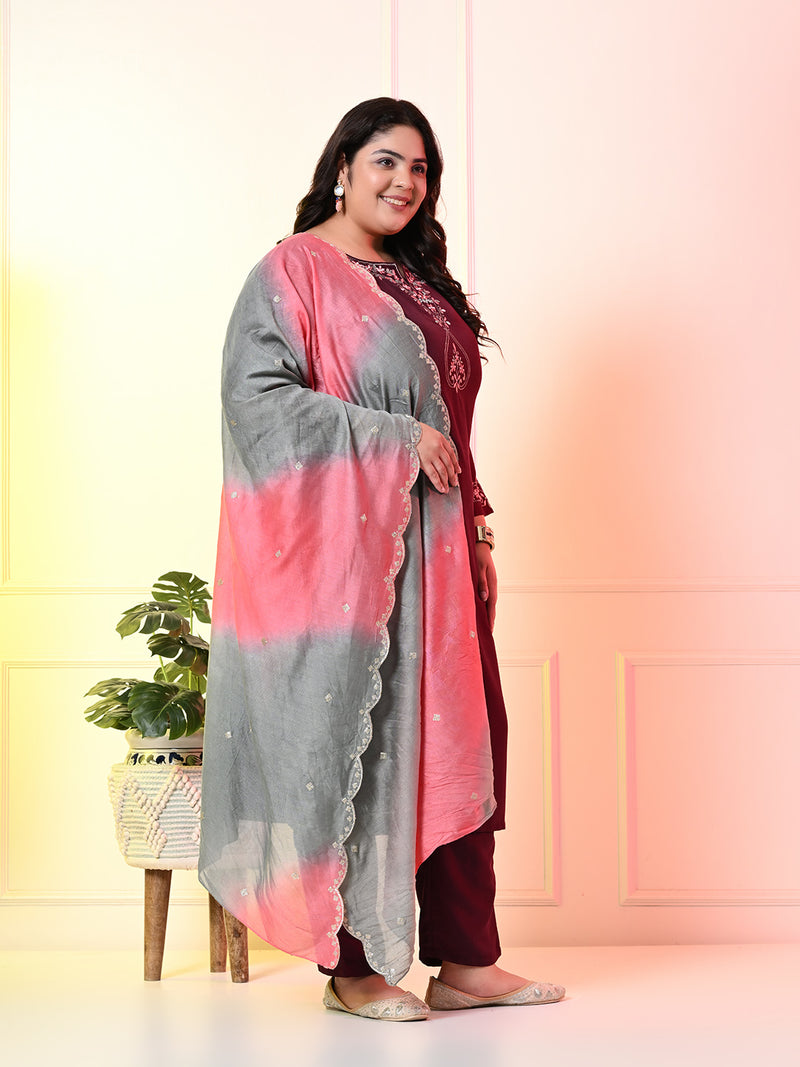 Plus Size Wine Embroidered Kurta Set with Double Dyed Dupatta