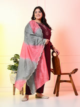 Plus Size Wine Embroidered Kurta Set with Double Dyed Dupatta