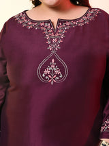 Plus Size Wine Embroidered Kurta Set with Double Dyed Dupatta