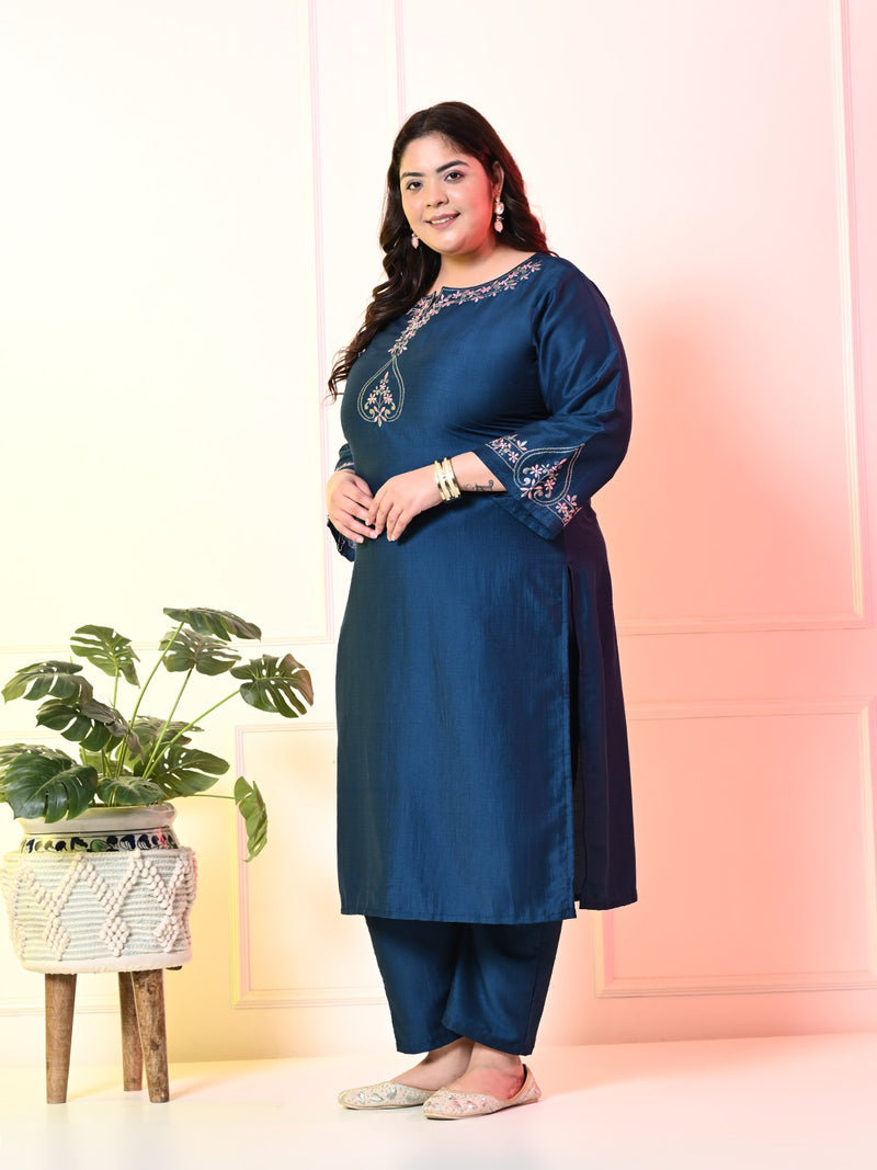 Plus Size Teal Blue Embroidered Kurta Set with Double Dyed Dupatta