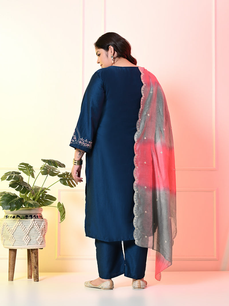 Plus Size Teal Blue Embroidered Kurta Set with Double Dyed Dupatta