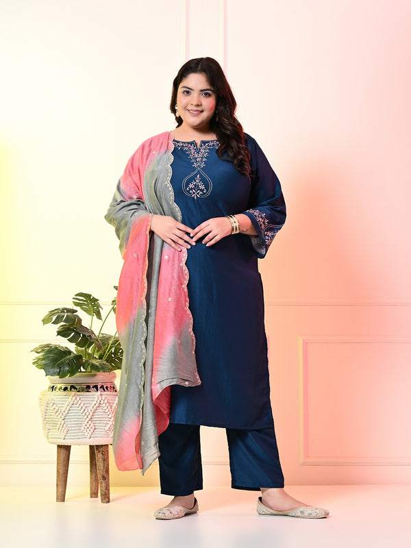 Plus Size Teal Blue Embroidered Kurta Set with Double Dyed Dupatta