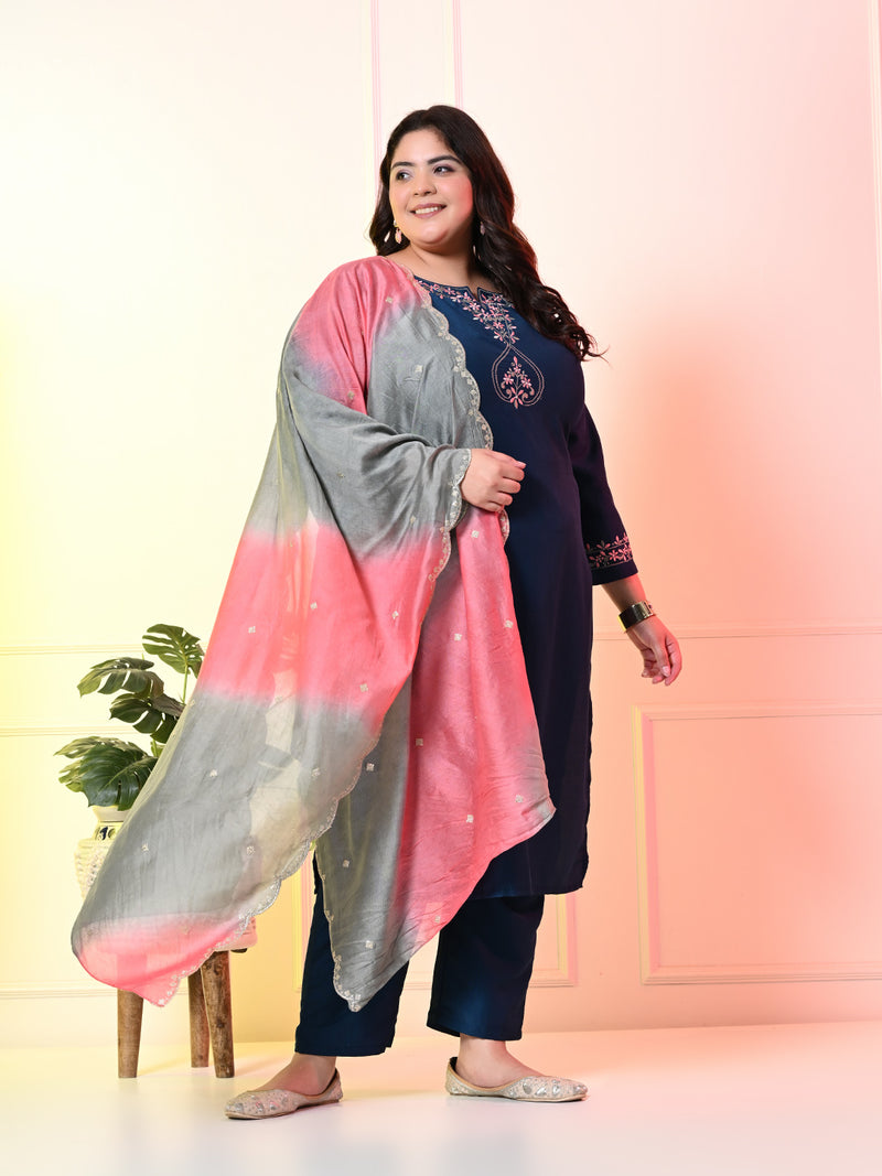 Plus Size Teal Blue Embroidered Kurta Set with Double Dyed Dupatta