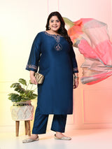 Plus Size Teal Blue Embroidered Kurta Set with Double Dyed Dupatta