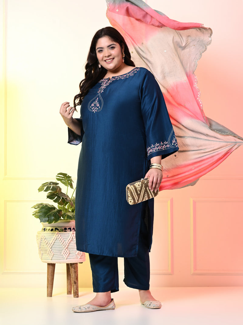 Plus Size Teal Blue Embroidered Kurta Set with Double Dyed Dupatta