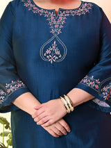 Plus Size Teal Blue Embroidered Kurta Set with Double Dyed Dupatta