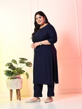 Plus Size Navy Blue Siroski Kurta Set with Dupatta