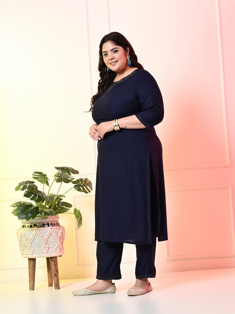 Plus Size Navy Blue Siroski Kurta Set with Dupatta