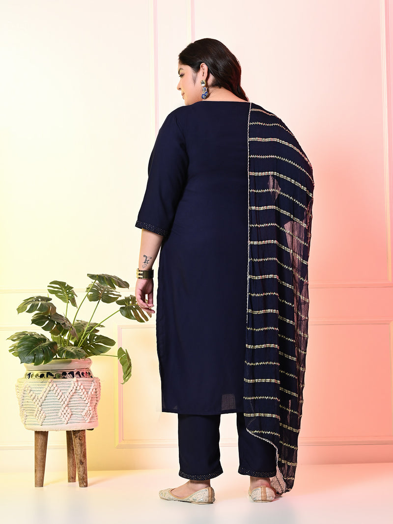 Plus Size Navy Blue Siroski Kurta Set with Dupatta