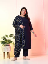 Plus Size Navy Blue Siroski Kurta Set with Dupatta