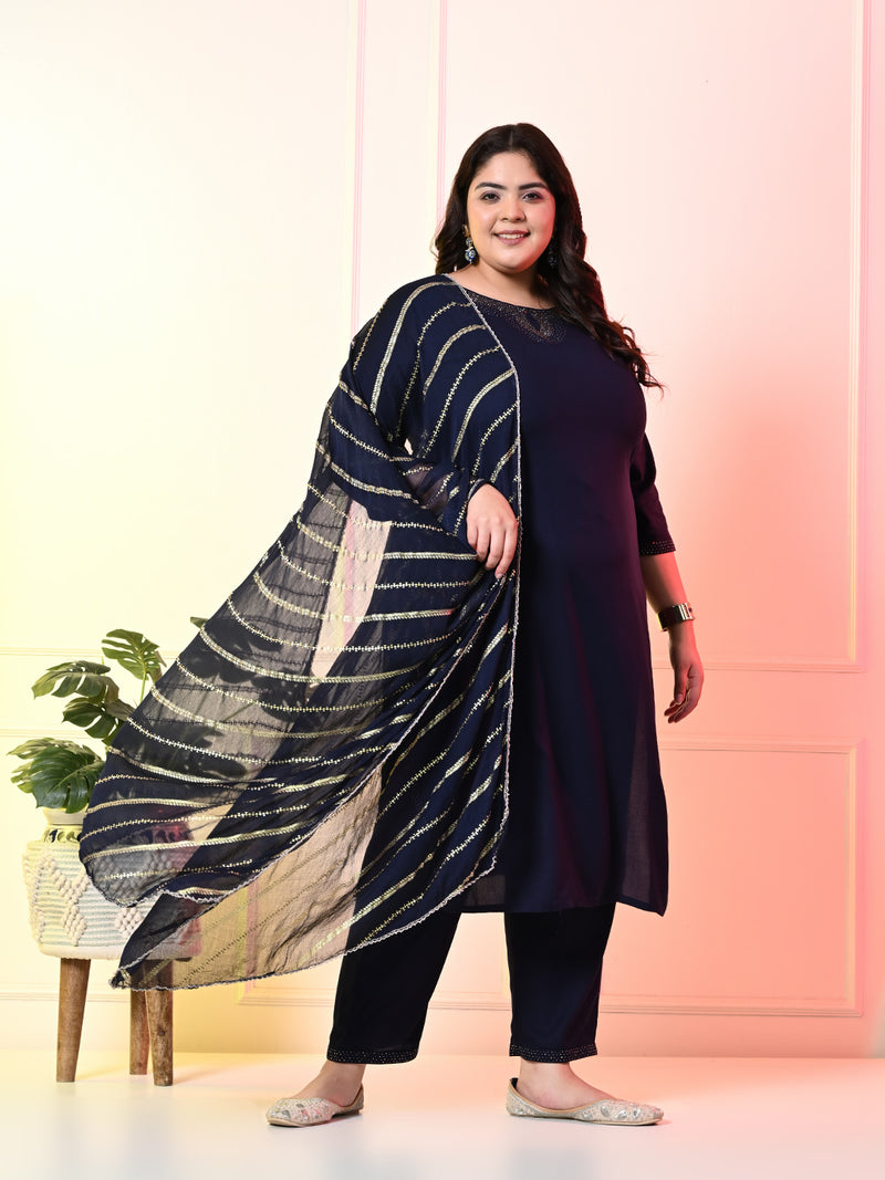 Plus Size Navy Blue Siroski Kurta Set with Dupatta