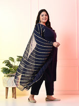 Plus Size Navy Blue Siroski Kurta Set with Dupatta