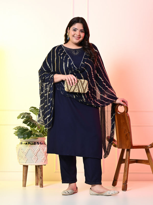 Plus Size Navy Blue Siroski Kurta Set with Dupatta