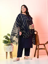 Plus Size Navy Blue Siroski Kurta Set with Dupatta