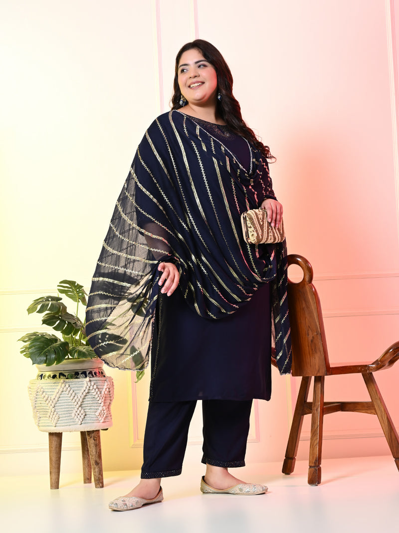 Plus Size Navy Blue Siroski Kurta Set with Dupatta