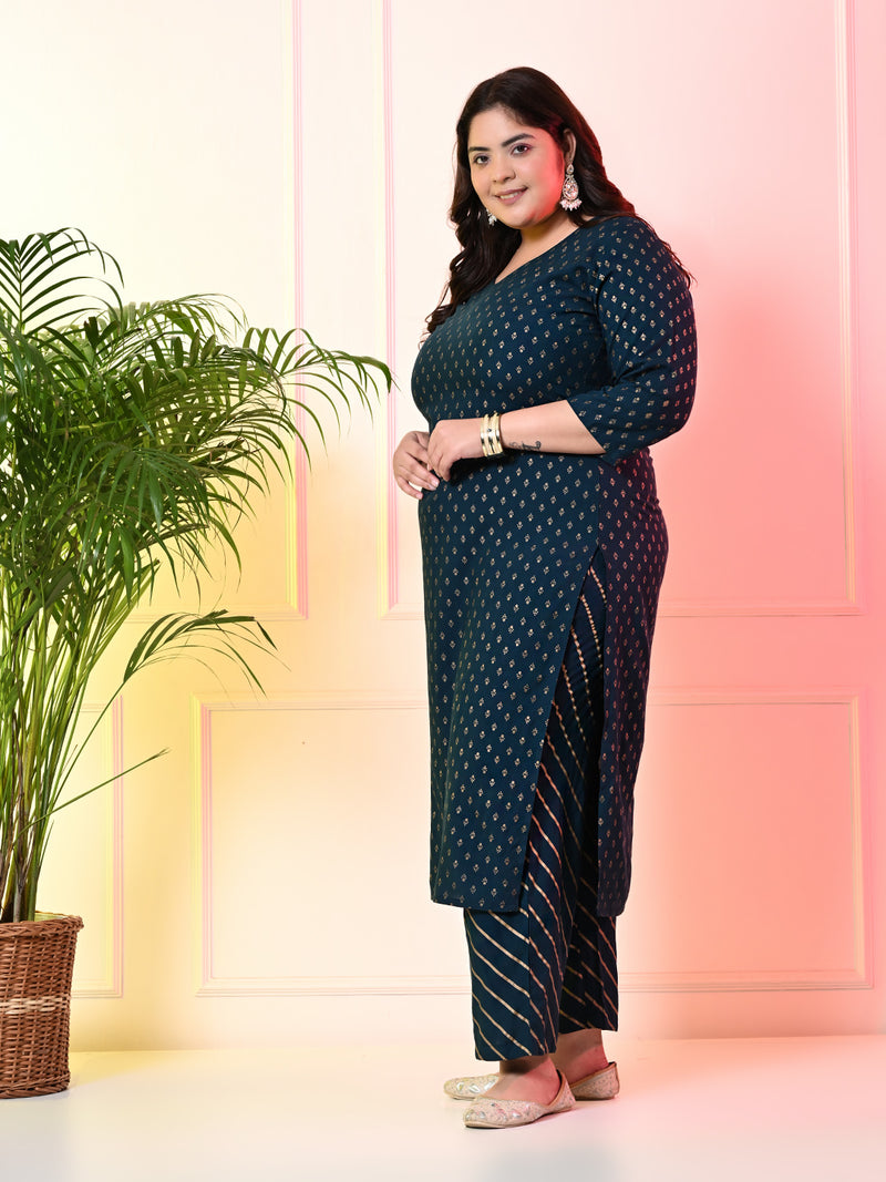 Plus Size Teal Blue Gold Printed Kurta Set with Dupatta