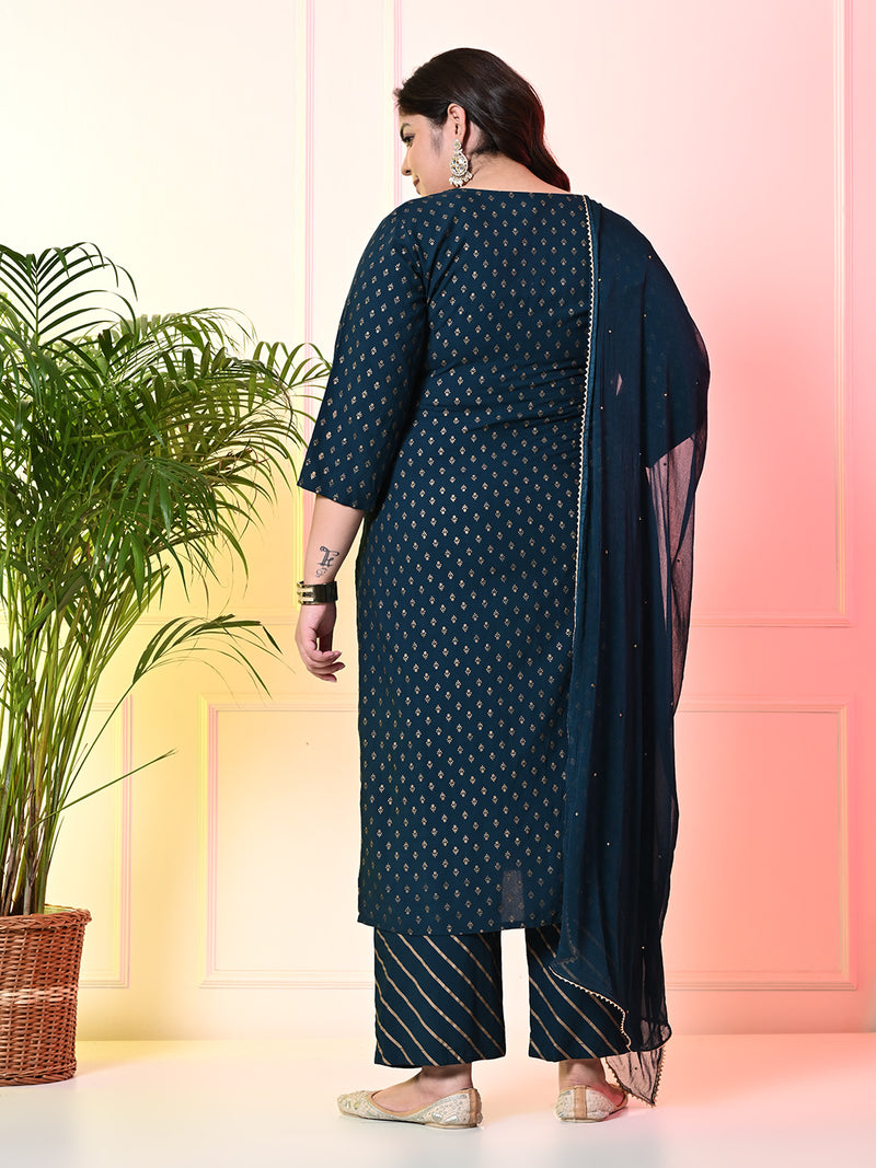 Plus Size Teal Blue Gold Printed Kurta Set with Dupatta