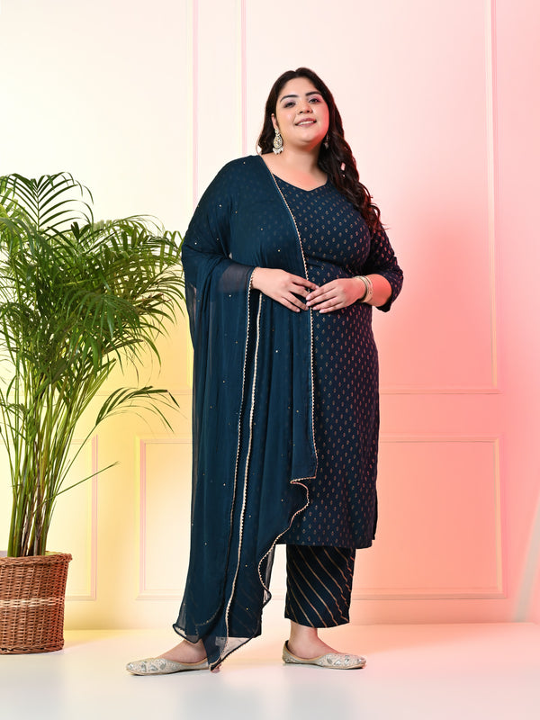 Plus Size Teal Blue Gold Printed Kurta Set with Dupatta