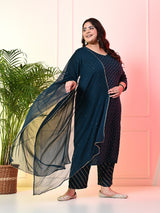 Plus Size Teal Blue Gold Printed Kurta Set with Dupatta