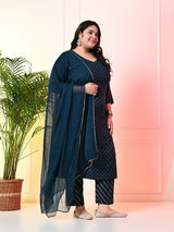 Plus Size Teal Blue Gold Printed Kurta Set with Dupatta