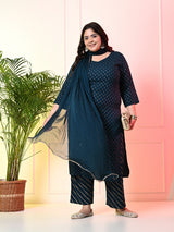 Plus Size Teal Blue Gold Printed Kurta Set with Dupatta