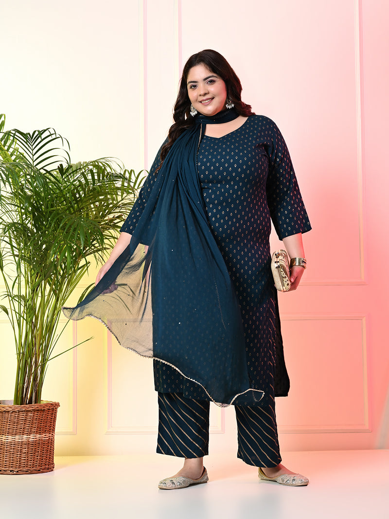 Plus Size Teal Blue Gold Printed Kurta Set with Dupatta