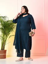 Plus Size Teal Blue Gold Printed Kurta Set with Dupatta