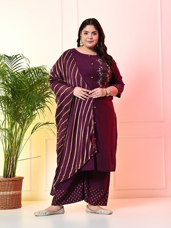 Plus Size Embellished Wine Ring Kurta Set with Dupatta