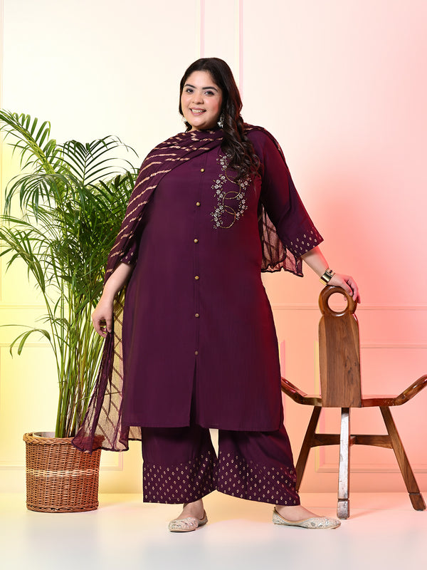 Plus Size Embellished Wine Ring Kurta Set with Dupatta