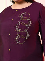 Plus Size Embellished Wine Ring Kurta Set with Dupatta