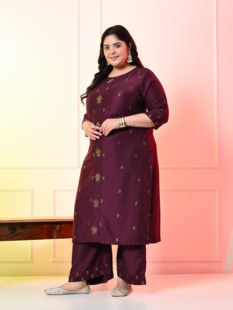 Plus Size Wine Ceroski Kurta Palazzo Set with Dupatta