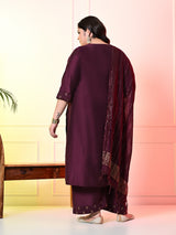 Plus Size Wine Ceroski Kurta Palazzo Set with Dupatta