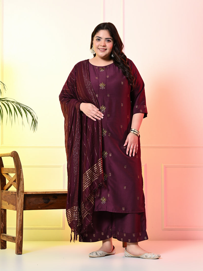 Plus Size Wine Ceroski Kurta Palazzo Set with Dupatta