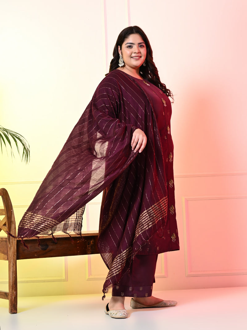 Plus Size Wine Ceroski Kurta Palazzo Set with Dupatta