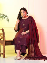 Plus Size Wine Ceroski Kurta Palazzo Set with Dupatta