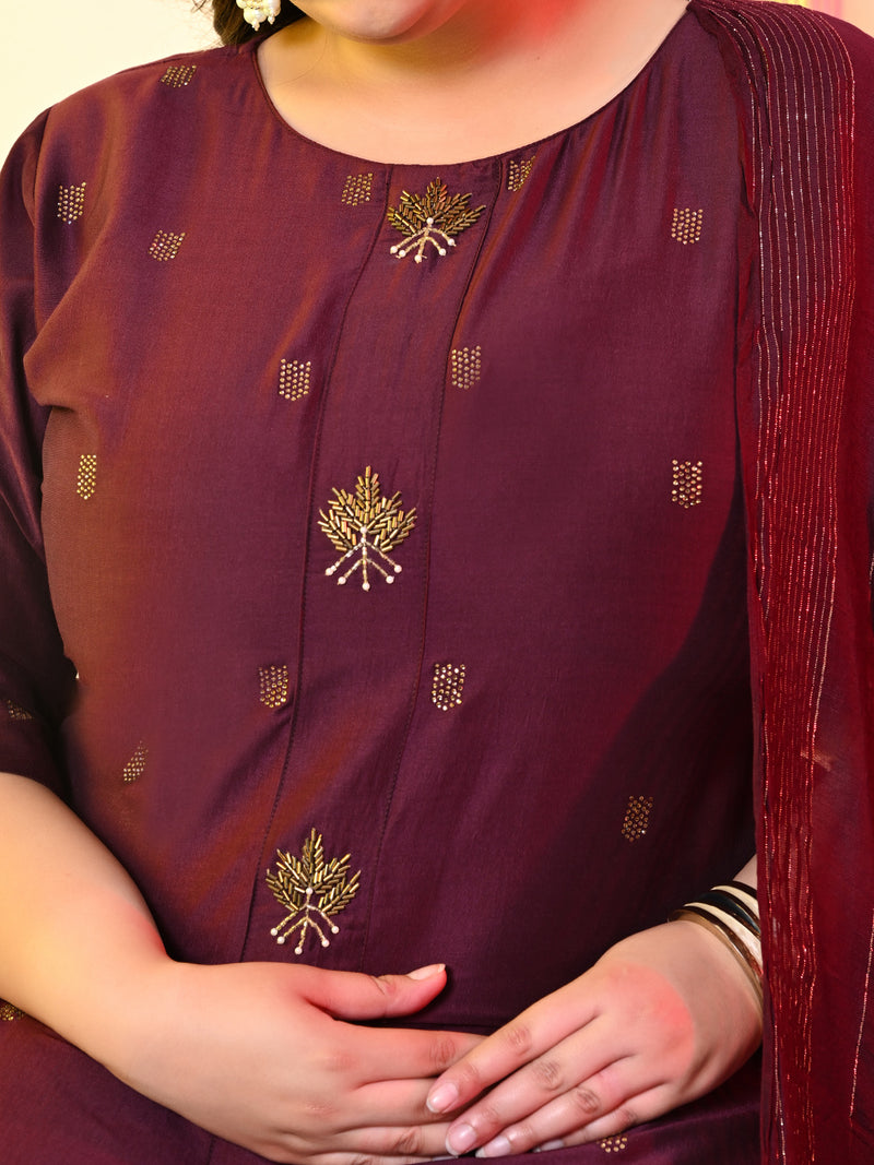 Plus Size Wine Ceroski Kurta Palazzo Set with Dupatta