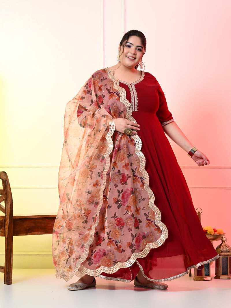 Plus Size Georgette Maroon Anarkali with Dupatta