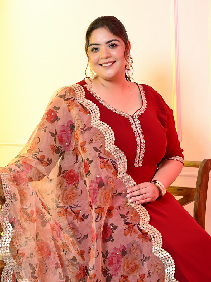 Plus Size Georgette Maroon Anarkali with Dupatta