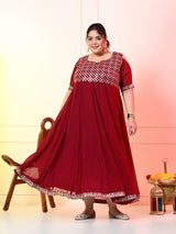 Plus Size Maroon Cold Shoulder Georgette Anarkali with Dupatta