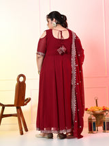 Plus Size Maroon Cold Shoulder Georgette Anarkali with Dupatta