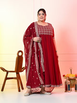 Plus Size Maroon Cold Shoulder Georgette Anarkali with Dupatta