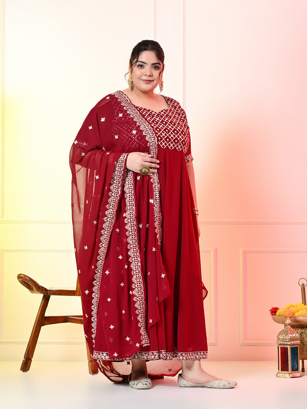 Plus Size Maroon Cold Shoulder Georgette Anarkali with Dupatta