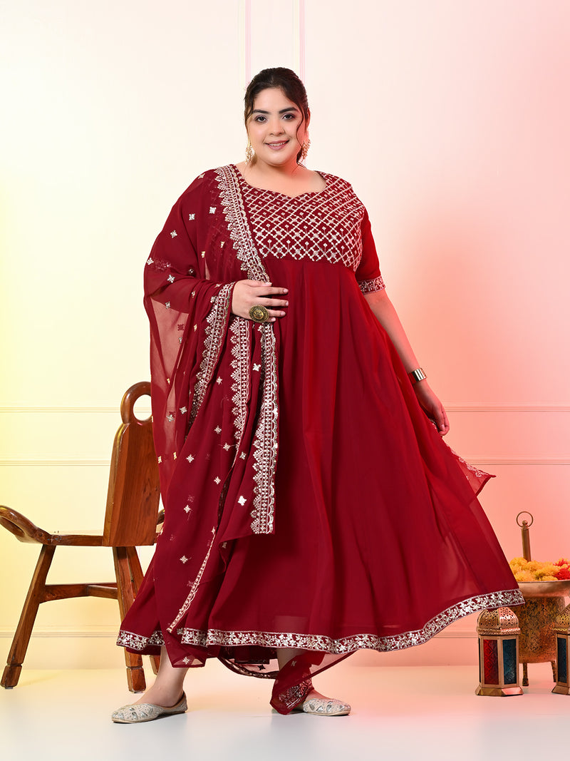 Plus Size Maroon Cold Shoulder Georgette Anarkali with Dupatta