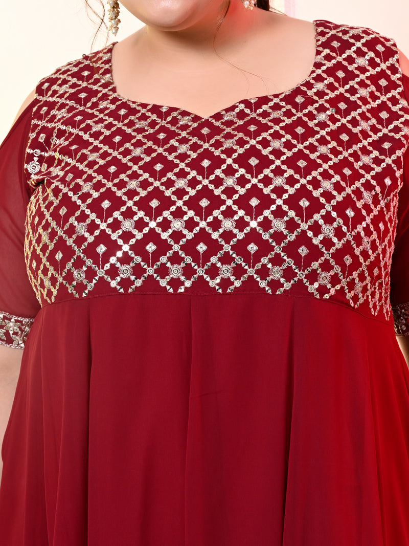 Plus Size Maroon Cold Shoulder Georgette Anarkali with Dupatta