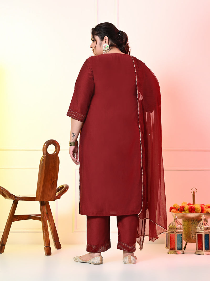 Plus Size Maroon Ceroski Kurta Set with Dupatta