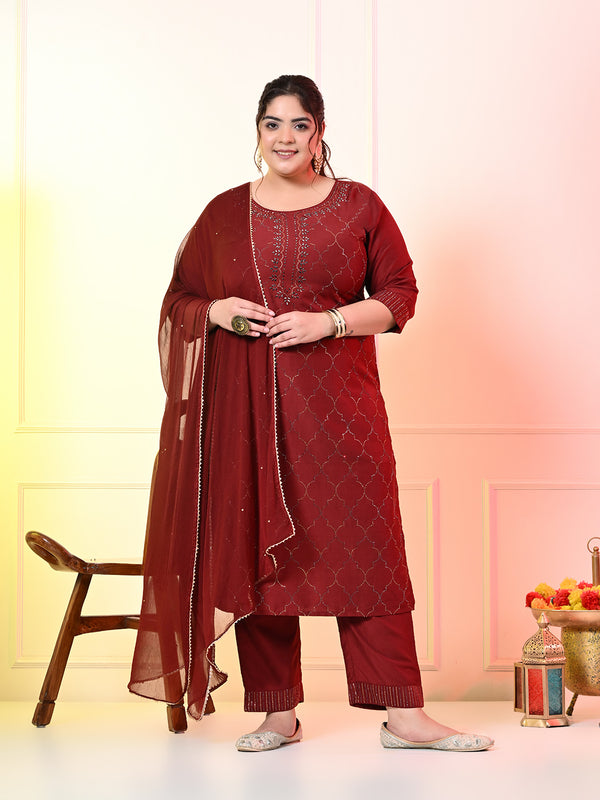 Plus Size Maroon Ceroski Kurta Set with Dupatta